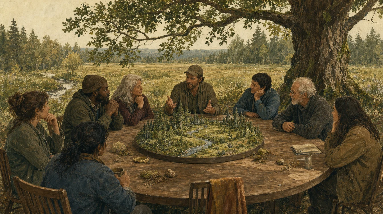 Lidé jednají u kulatého stolu s malým modelem lesa a potoka; jedno křeslo zůstává prázdné.