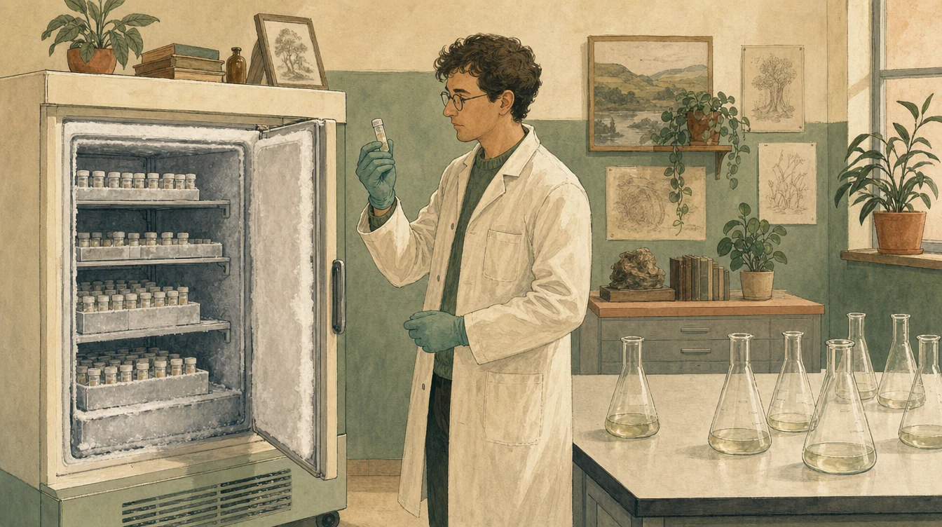 Osoba v laboratorním plášti prohlíží uzavřenou zkumavku mezi mrazákem se vzorky a stolem s kultivačními baňkami.