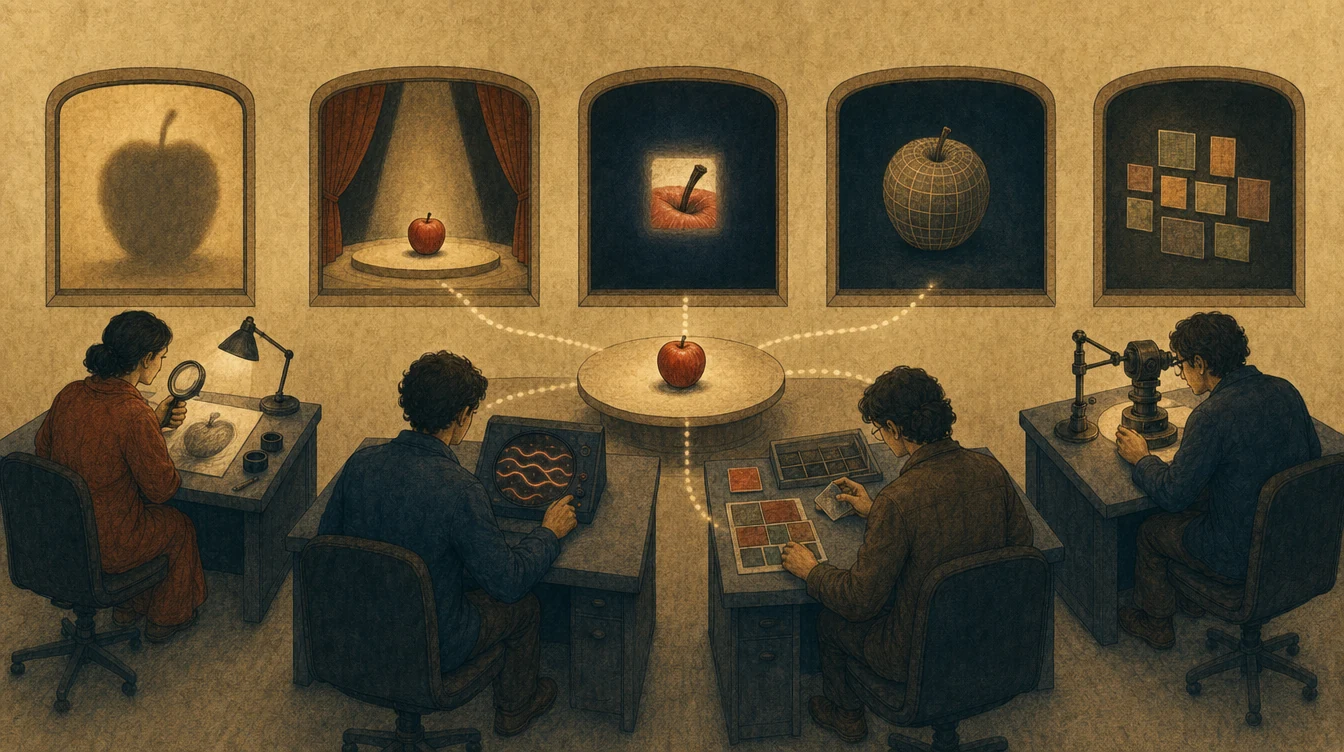 Metaforická dílna s více pracovními místy a sdíleným předmětem, který může být dostupný různým činnostem.