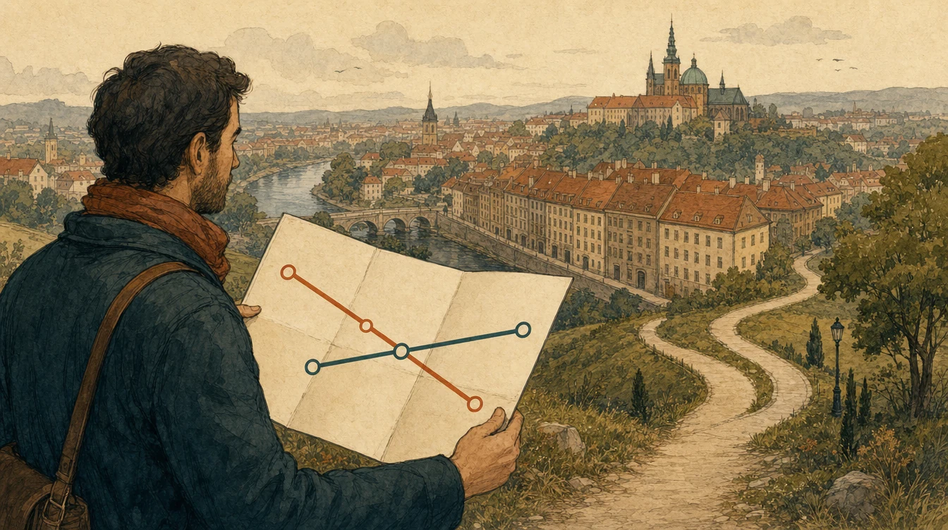 Chodec drží schéma se dvěma přímými linkami. Před ním se klikatí cesta a za ní leží město s mostem.