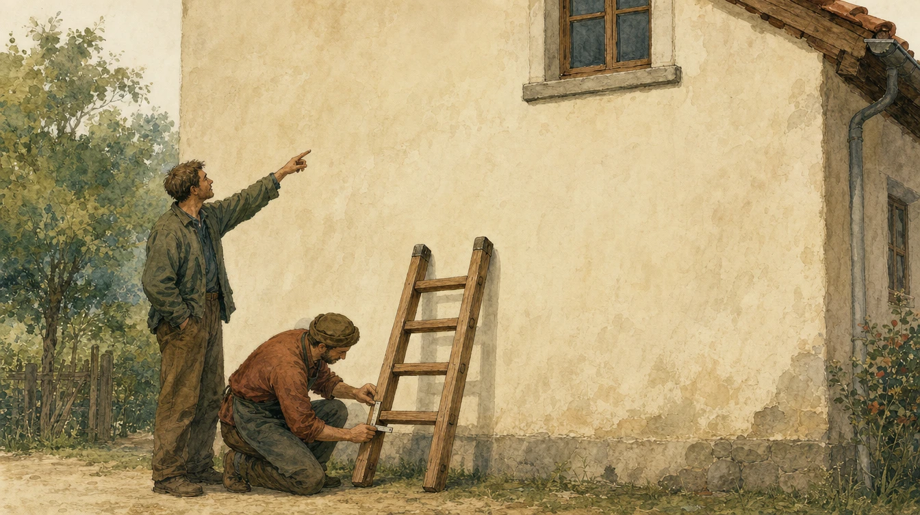 Řemeslník kontroluje spoj krátkého žebříku. Druhý člověk ukazuje na okno vysoko nad jeho horním koncem.
