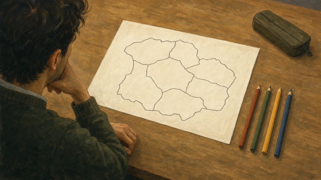 Na stole leží nevybarvená smyšlená mapa a čtyři pastelky. Člověk nad ní přemýšlí.