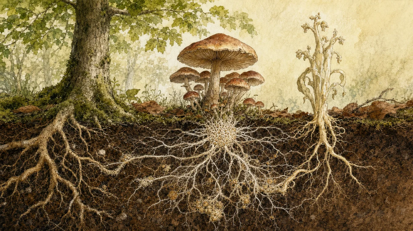 Zelený strom a bledá nezelená rostlina jsou v řezu půdou napojeny na rozvětvené živé podhoubí.