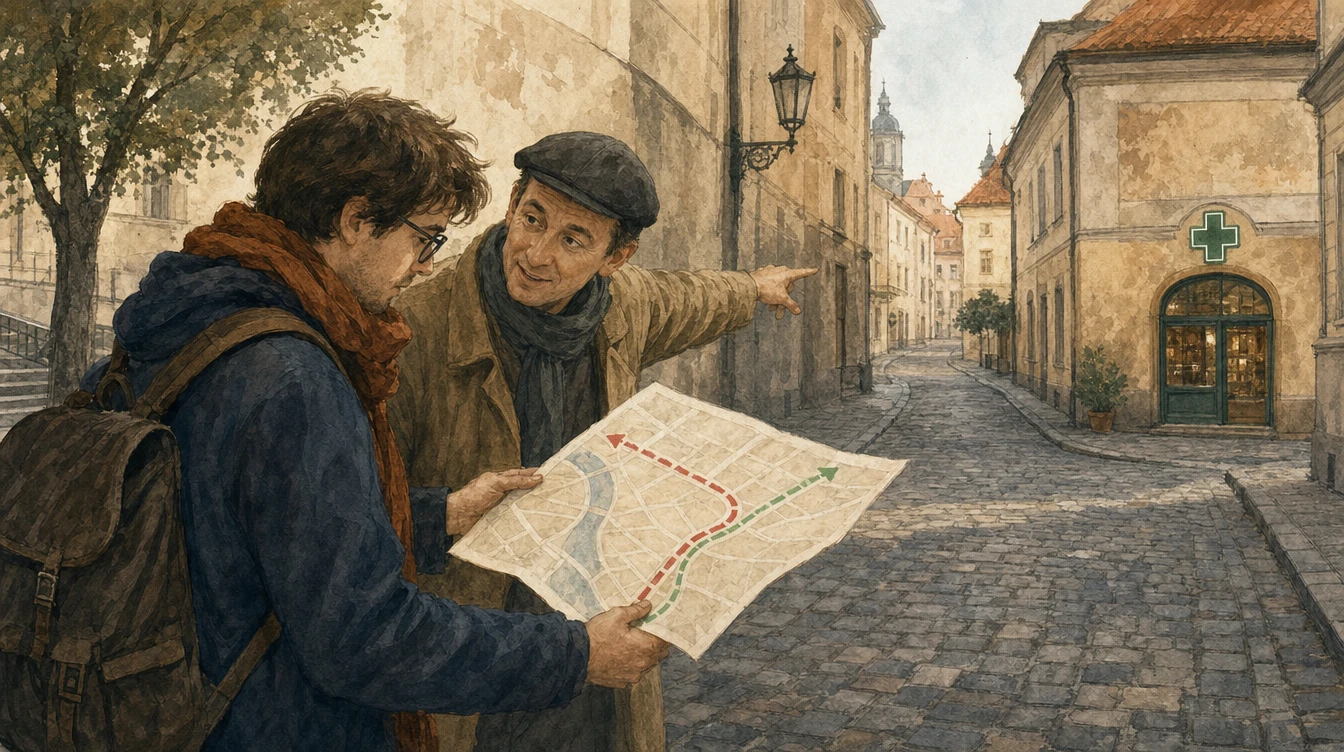 Upřímný kolemjdoucí ukazuje na mapě špatnou ulici; lékárna je vidět na opačné straně.